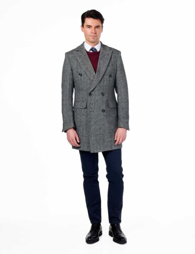 Men Double Breasted Wool Herringbone Long Overcoat Tailored Tweed Winter Jacket - Picture 9 of 13