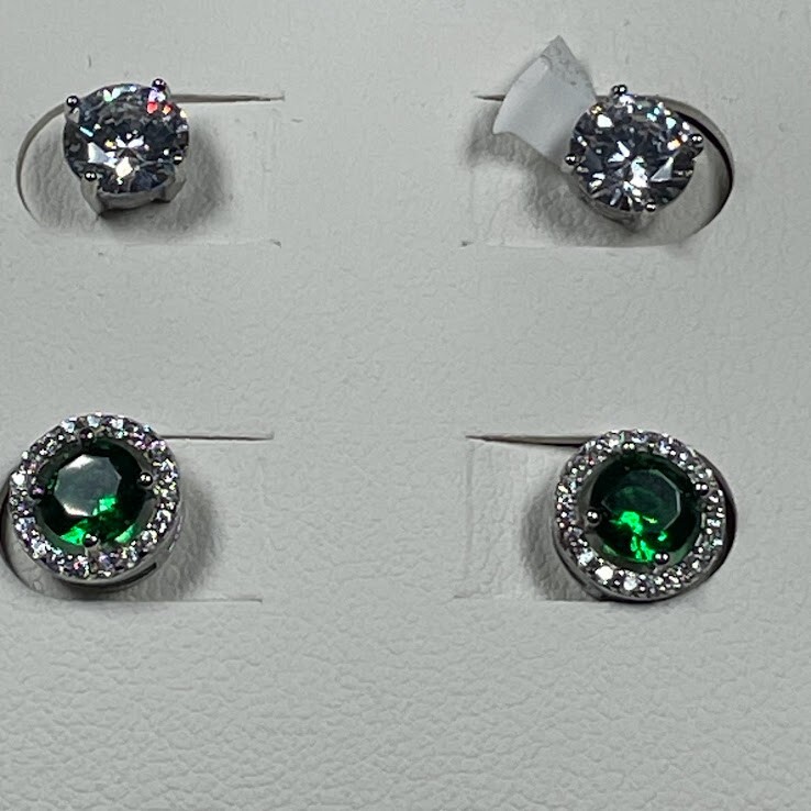 CYNTHIA ROWLEY 925 STERLING SILVER 2 PAIR CZ STUD EARRINGS GREEN