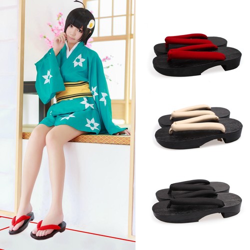 Women Japanese Flat Geta Clog Kimono Flip-flop Wood Slipper Sandal Cosplay Shoes - Afbeelding 1 van 20