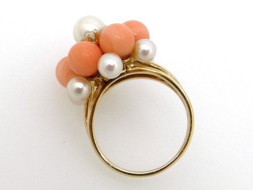 14k Yellow Gold Pearl Coral Round Diamond Halo Cluster Band Ring Sz 5.75 - Picture 5 of 8