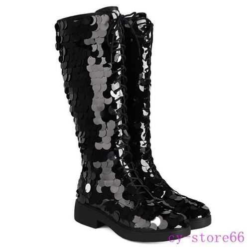 Fashion Women's Knee High Boots Performance Stage Sequins Shiny Low Heel Shoes - Picture 12 of 21