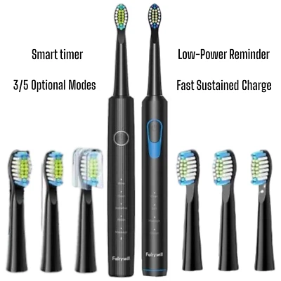 Fairywill Sonic Electric Toothbrush USB Rechargeable Timer & 6/8 Heads Black