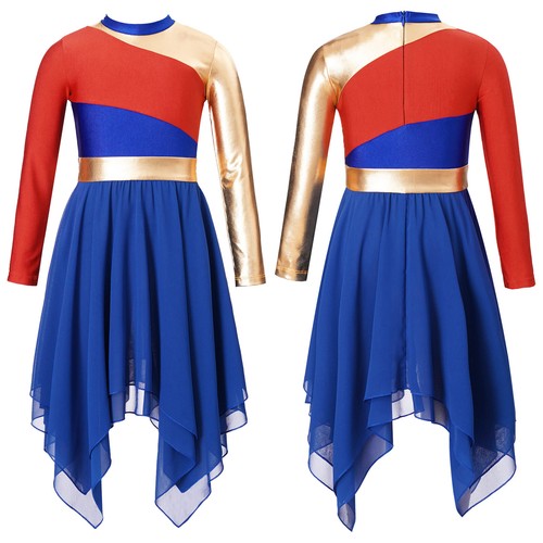 Kids Girls Dancing Costumes Breathable Chiffon Hem Dress Lyrical Dance Dress - Picture 10 of 52