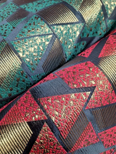 Red Gold Metallic Brocade Fabric Sold By The Yard Black Geometric Triangle - Picture 8 of 12