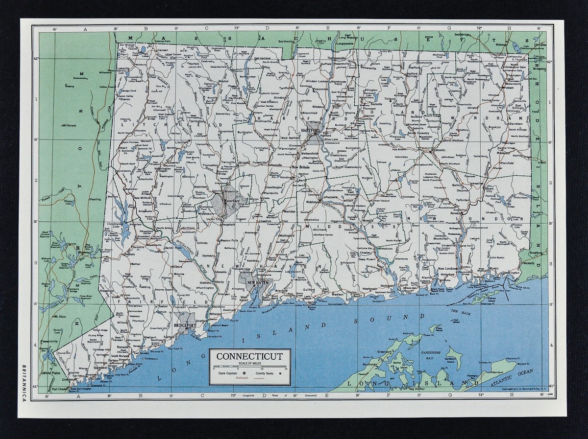 1949 Britannica Map - Connecticut - Hartford New Haven Waterbury