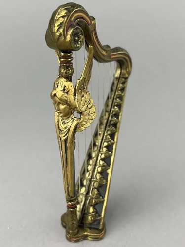 Antike Miniatur Gold Messing Engel Büste Harfe - Bild 2 von 3