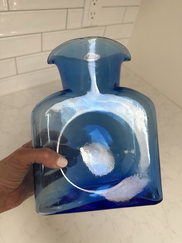 Blenko 384 Water Bottle Pitcher Turquoise 8 X 6” Handblown Glass USA 2002 Signed - Picture 12 of 17