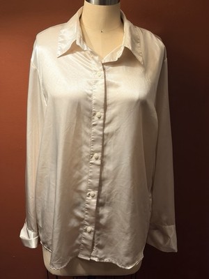 HM Divided Womens Small Cream Satin Button Front Long Sleeve Shirt Blouse