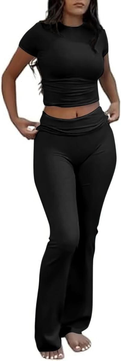 Two Piece Lounge Sets for Women Fold Over Flare Pants Short Sleeve Crop Top Y...