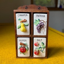 Retro Spice Rack with Ceramic Jars 70s Kitsch