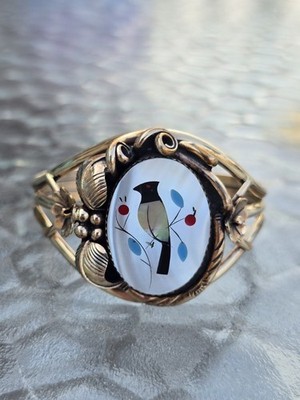 Native American Handmade  Tawa By JM 12k GF Cuff Bracelet with Bird Inlay 