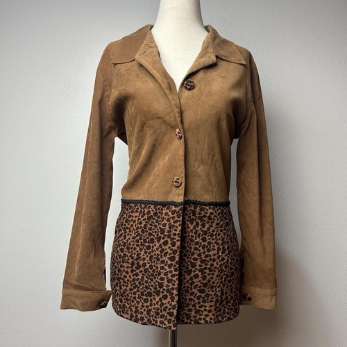 Vintage Women’s Faux Suede Leopard Print Button Up Top Size 8P Boho Western 90s - Picture 2 of 8