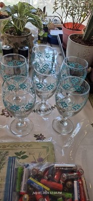 Vintage Libbey Footed Glasses Goblets Water Wine Clear Teal Flowers 7  Set Of 6