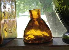 OPEN PONTIL CRUDE 8 SIDED AMBER UMBRELLA INK BOTTLE WITH UNUSUAL BASE RING