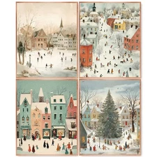 laveliabel Christmas Winter Village Wall Art Prints Set of 4 Unframed, Vintag...