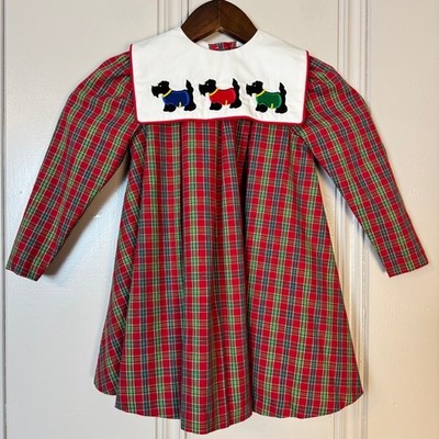 VTG Austin Ashley Kids Girls Plaid Dress 4T Tartan Scottie Dog Applique Holiday