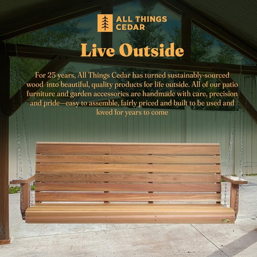 All Things Cedar 6 Foot Wooden Porch Swing Outdoor Patio Furniture, Natural - Picture 5 of 8