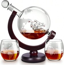 850ml Whiskey Globe Decanter Set with 2 Etched Glasses Elegant Men Gift for Him