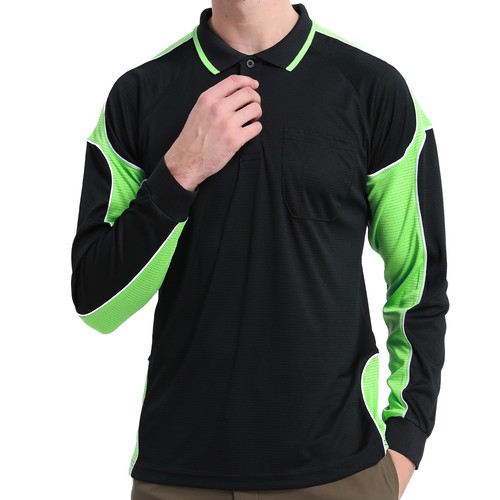 Mens Polo Shirts Long Sleeve chest pocket Black Aqua Pink Blue Office Team Golf - Picture 40 of 89