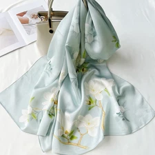 100% Silk Mulberry 170X53cm Scarf Women Neckerchief Wrap green shoots Print new