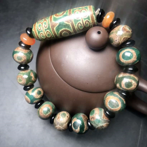 Bracciale stile etnico buddismo tibetano naturale vecchia agata verde tre occhi perline - Foto 6 di 6