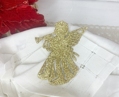 8 Vtg 1960's Flat Plastic Gold Glitter Covered Herald Angel Ornaments 4 x 3.5 - Picture 3 of 4