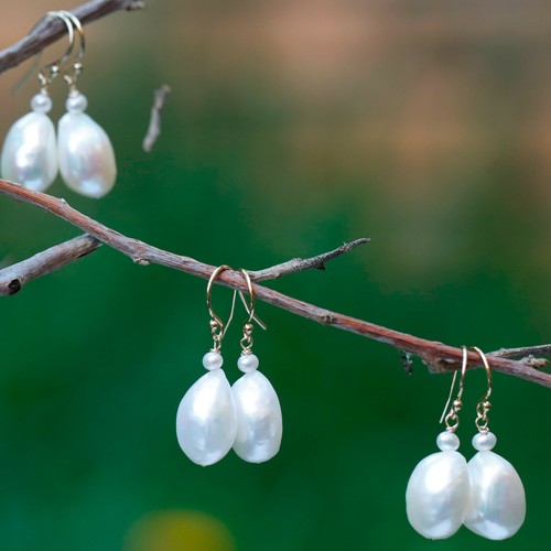 10x14-15mm Baroque Freshwater pearl 100% Natural White 14KGF earrings 32mm E154 - Picture 9 of 12