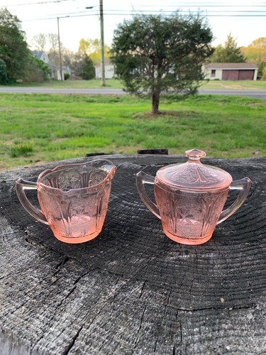 Cherry Blossom Pink Depression Glass Sugar, Creamer, & Lid Jeannette Original - Picture 20 of 24