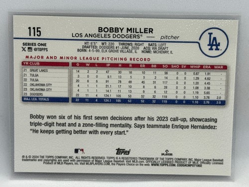Bobby Miller Future Stars 2024 Topps Serie 1 Baseball Nr. 115 - Bild 2 von 2
