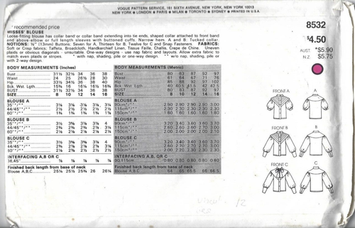 Vogue Sewing Pattern 8532 Vintage Blouse, with Variations, Size 10, Uncut - Picture 2 of 2