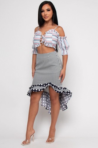 Navy Blue Stipe High Low Skirt Size Medium Polka Dot Retro Inspired Rockabilly - Picture 2 of 2