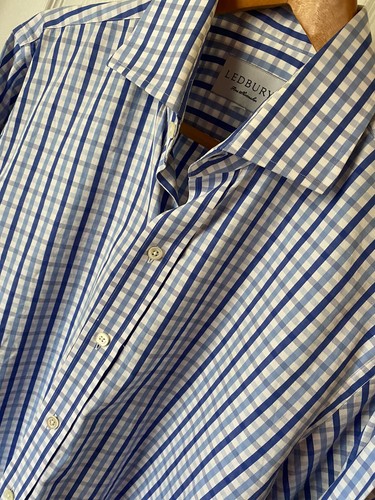 Ledbury Tailored Fit Business Blue Check Spread Collar Shirt Men’s Size 16 New - Picture 4 of 9