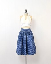 1950s Abercrombie Fitch Blue White Embroidered Cotton Skirt with Belt