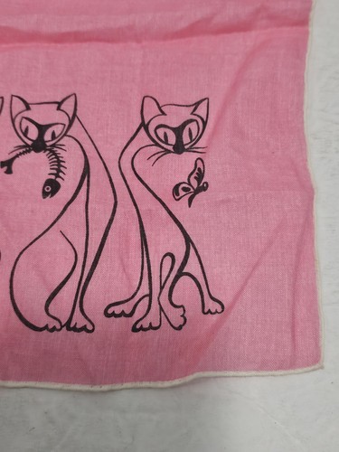 Vintage 1960s Wilcke Linen Hanky Hankerchief Pink Siamese Cats Very Rare Print - Picture 2 of 7