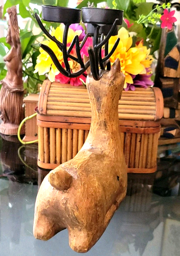 Wood Deer Reindeer Candle Holder Candelabra Tealight Vintage Large - Picture 4 of 11