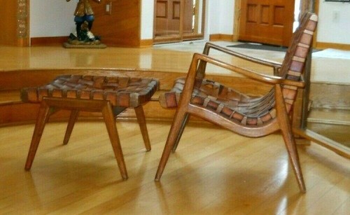 Mel Smilow woven Leather Club Chair and Ottoman Walnut 1956 lounge  chair - Picture 2 of 11