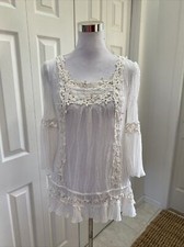 Túnica Boho Hippie Passion Concepts Off White Acordeón Plisado Encaje Arrugado S Como Nueva