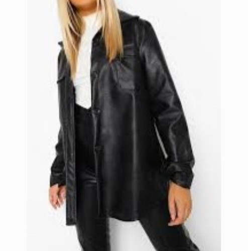 Bagatelle Shacket Black Faux Leather Button Up Long Sleeve Pockets Size M NEW