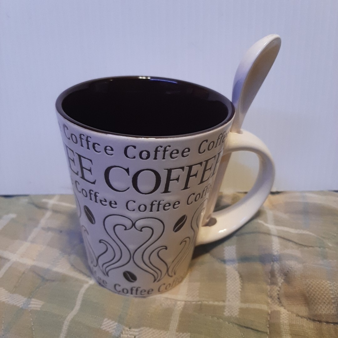 Home Essentials Coffee Cup Mug w/Spoon Brown White Coffee & Bean Design 8 oz