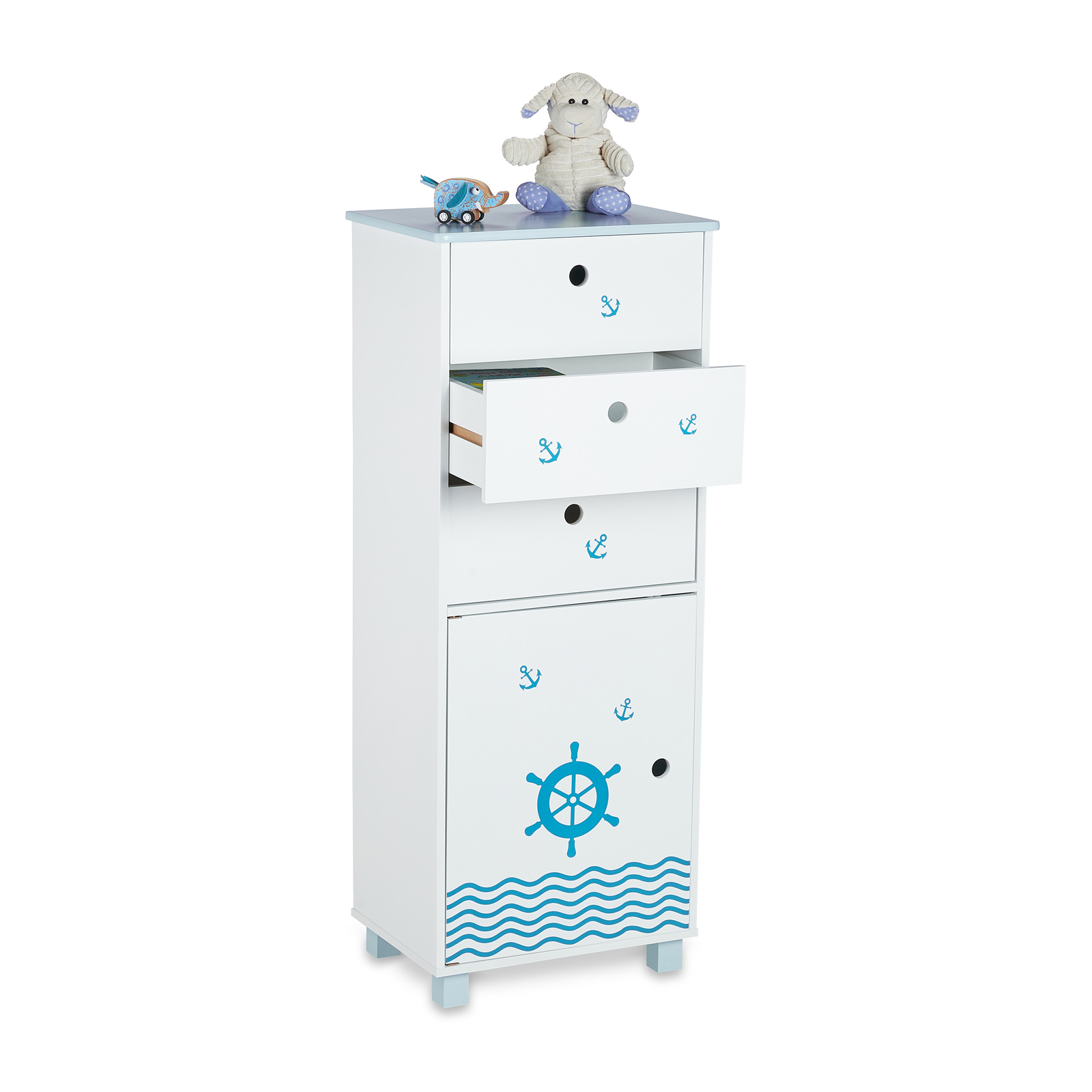 Cómoda infantil 3 cajones marinero Gabinete niño azul Cajonera 1 puerta 105 cm