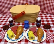 VTG FISHER PRICE Play Food Picnic Basket Chicken Corn Watermelon Chocolate Milk