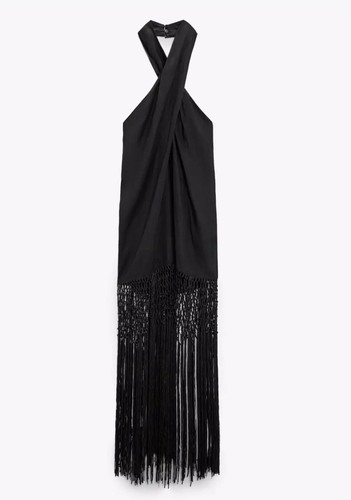 Zara Fringed 100% Linen Dress Black Size M 7496/908 New - Picture 5 of 7