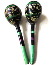 Pair of Haitian Maracas Hand Painted Wood Rumba Shakers