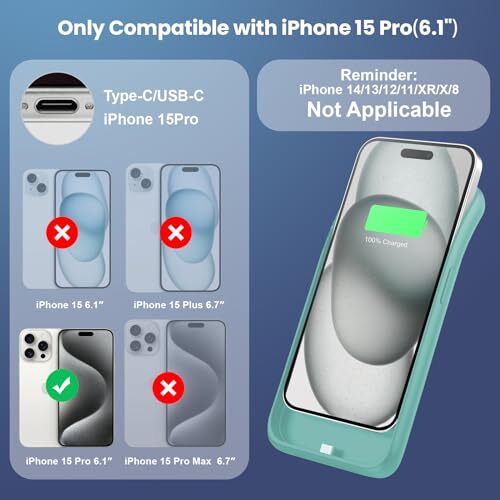 15W Fast Charging Battery Case for iPhone 15 Pro(6.1 inch),7500mAh Slim Green - Picture 7 of 8