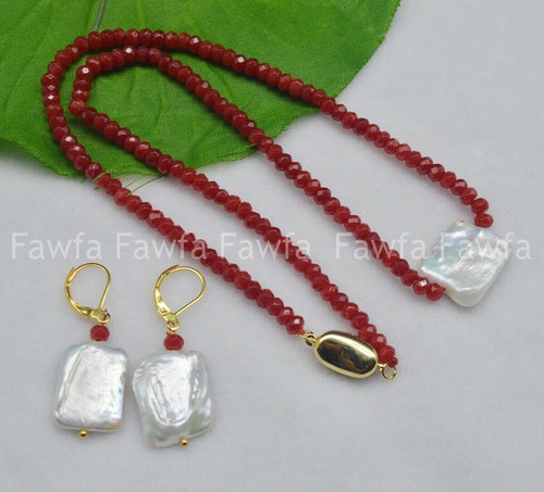Natural 15X20mm White Baroque Pearl Faceted 2x4mm Red Jade Necklace Earrings Set - Picture 3 of 3