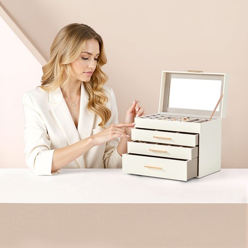 NEW Deluxe Double Drawer Jewelry Box with Clear Top White and Velvet Storage US - Picture 1 of 11