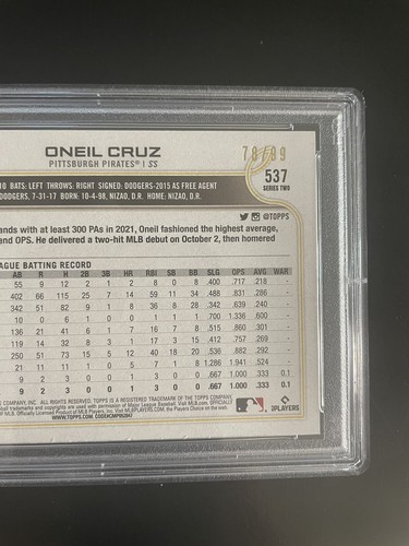 O’Neil Cruz 2022 Topps #537 : Vintage Stock Rookie Parallel #78/99 PSA 10 GEM - Picture 2 of 2