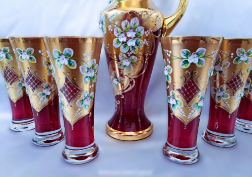 Lusso set vetro rosso boemia 6+1 decorato oro e smalto - Foto 2 di 8