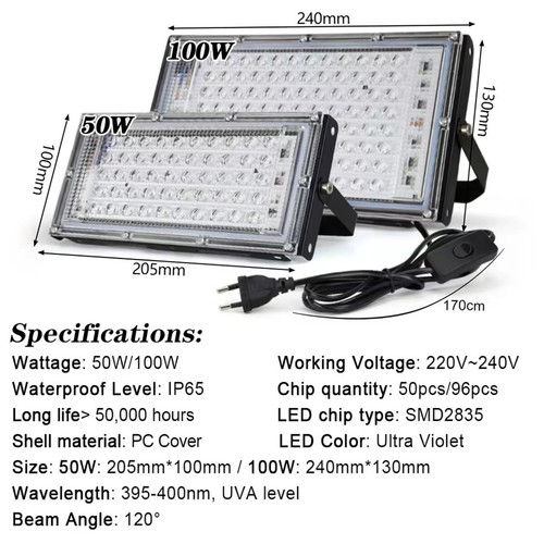 Led Uv Floodlight 50w 100w 395nm Floodlights Stage Blacklight Plug Purple Curing - Picture 2 of 13