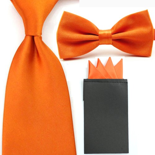 Men Solid Satin Bowtie 8cm Neck Tie Pre-folded 4 Point Hanky Pocket Square Set - Picture 12 of 19